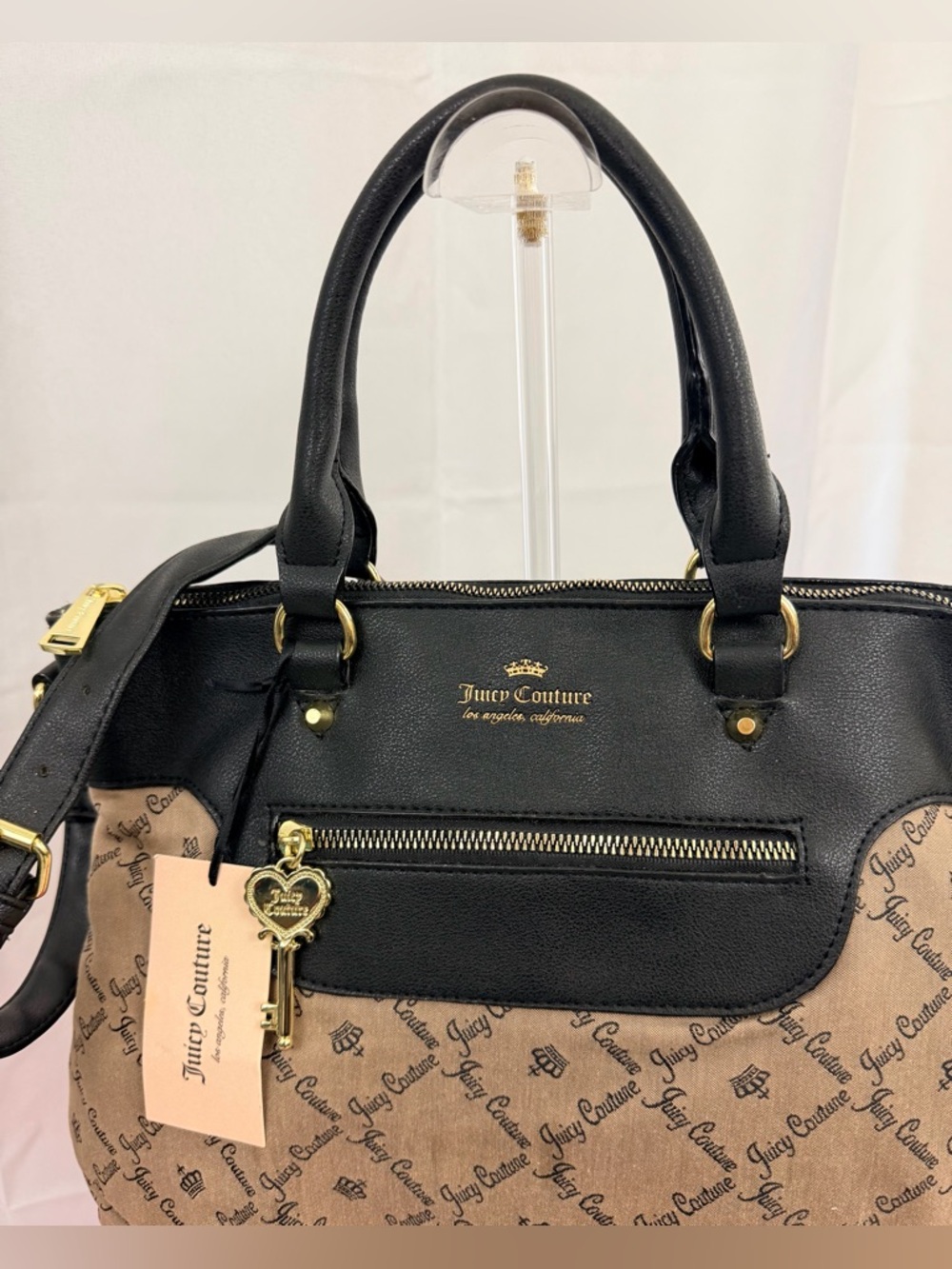 Juicy Couture Black and Tan Monogram Crossbody/Satchel/Tote with Key Charm NWT - Picture 5 of 15